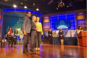 Provost Bracey, President Wrighton and Professor Frawley